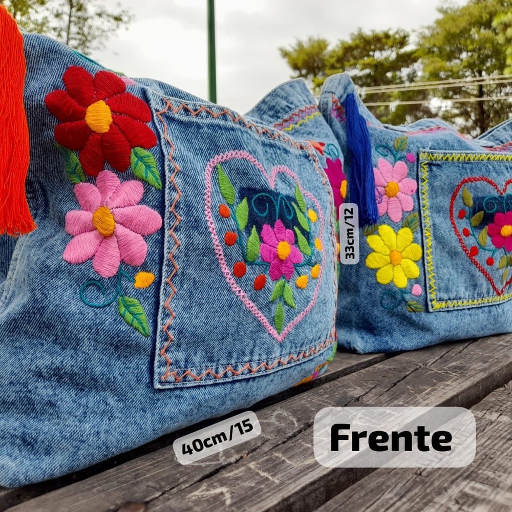Denim Tote with Floral Embroidery